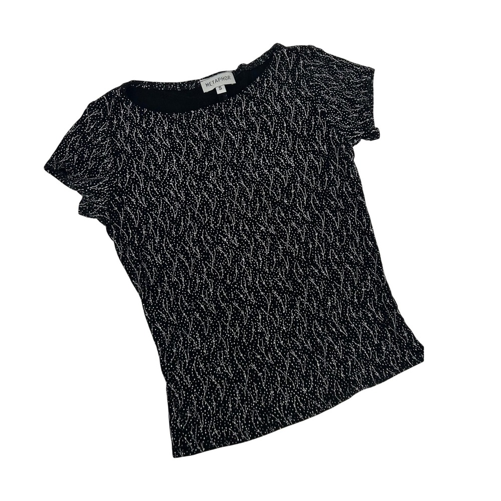 Metaphor Womens Black Silver Metallic Branch Print Short Sleeve Blouse Top S